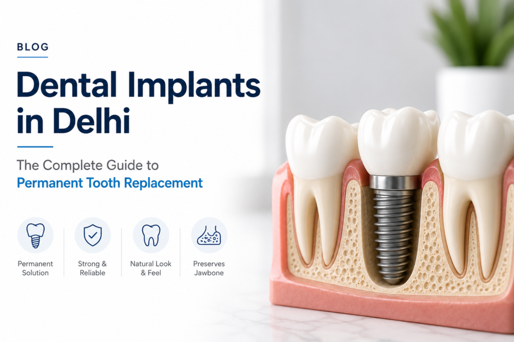 Dental implants in Delhi restoring a missing tooth with a natural-looking permanent dental implant